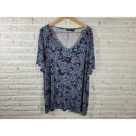 Evans Womens Top 30 32 Plus Tee Tunic Short Sleeve Blue Butterflies C24E - Picture 1 of 7